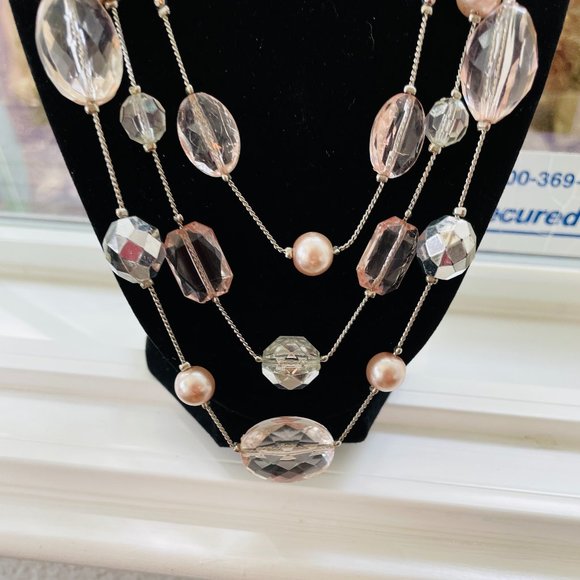 Three strands of beautiful!  Signed NY silver toned  peach, clear, silver beads - Picture 2 of 4